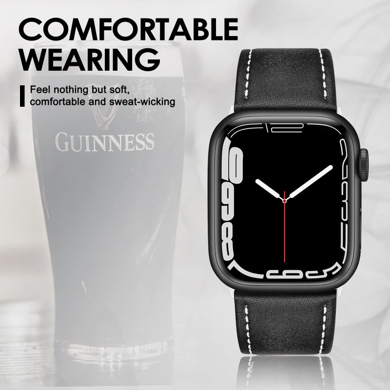 SWEES Leather Band Compatible for Apple Watch 42mm 44mm 45mm, Genuine Leather Replacement Wristband Strap Compatible iWatch Series 7 6 5 4 3 2 1 SE Sports & Edition Men And Women, Classic Black - Image 3